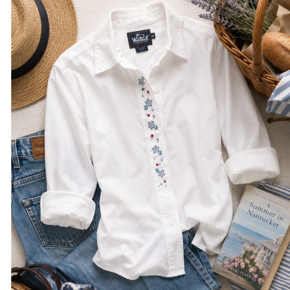 Vintage Woolrich Floral Leaf Embroidered White Cotton Button Front Blouse Medium